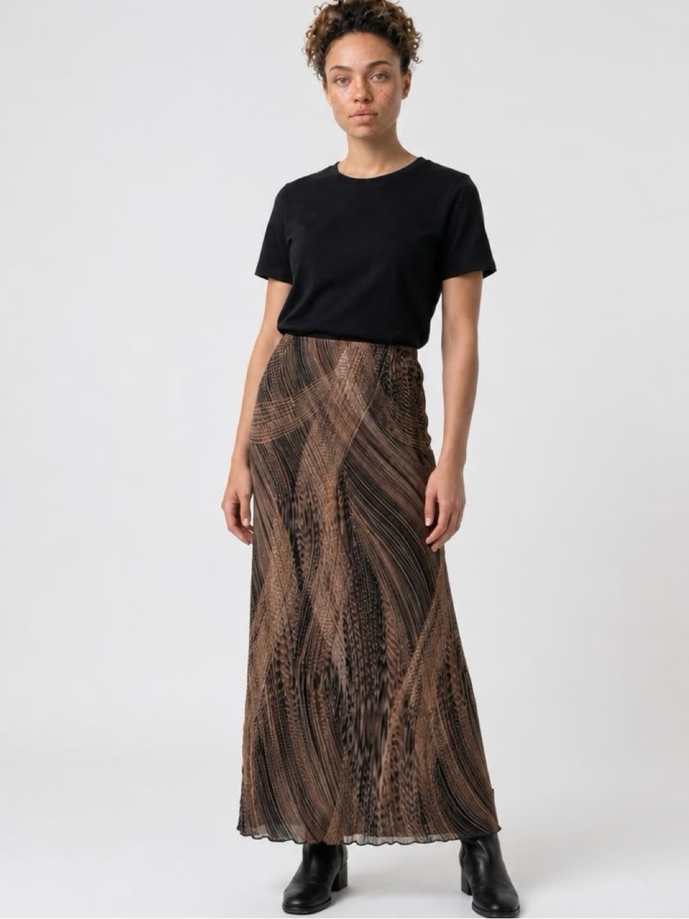 MUSE Maxi Skirt Micro Pleats Pull On Geometric Brown Black Tan Women Size 12